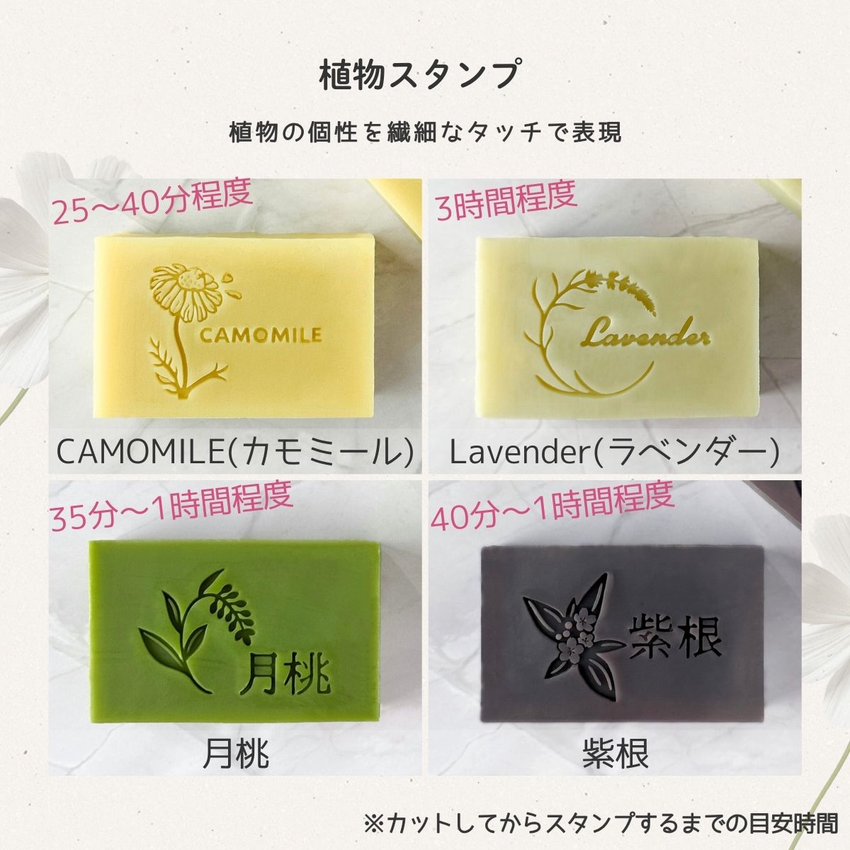 石けんスタンプを押すタイミング 植物の個性を繊細なタッチで表現した植物スタンプを押すタイミングを解説