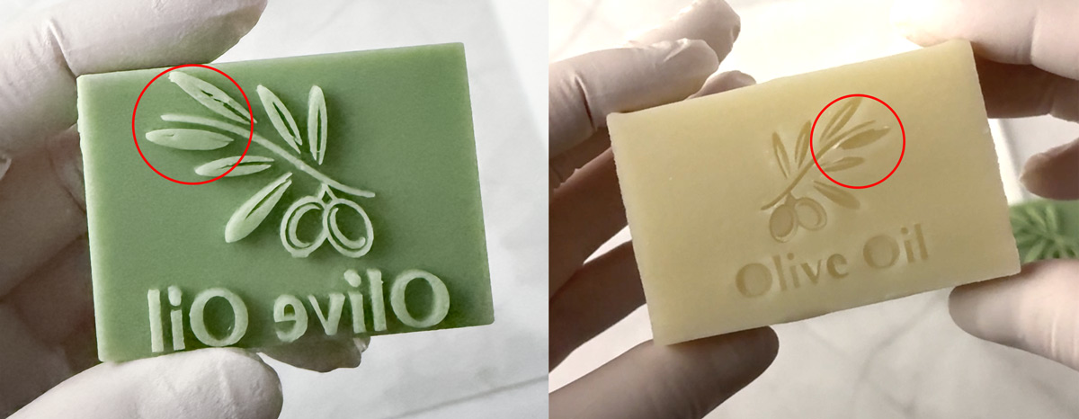 柔らかい石けんに押して模様が潰れた例